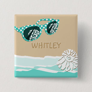 Badge Carré 5 Cm Lunettes de soleil à pois vert de mer Nom Coquilla