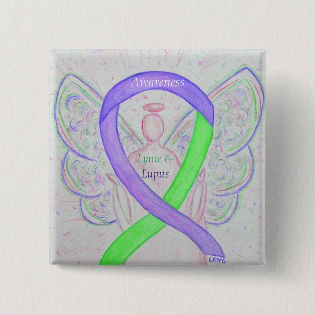 Badge Carré 5 Cm Lyme et Lupus Sensibilisation Angle Ruban Épingles (Devant)
