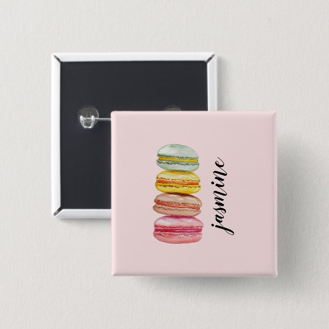 Badge Carré 5 Cm Macarons Français Monogramme Aquarelle (Devant & derrière)