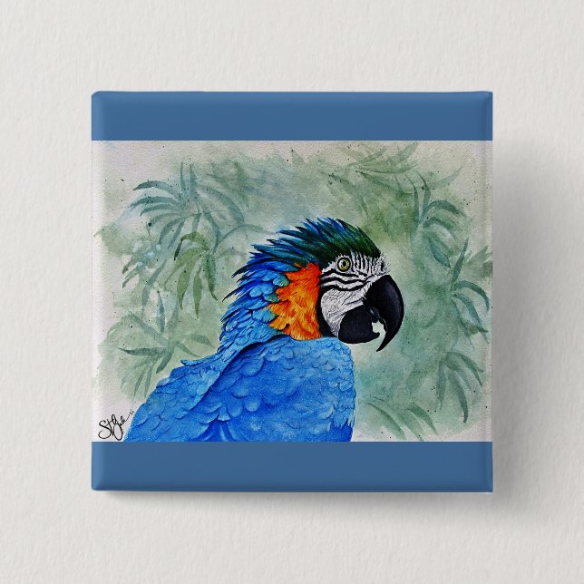 Badge Carré 5 Cm Macaw bleu et or (Devant)