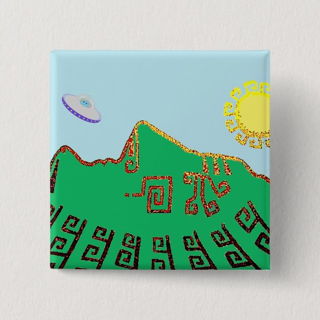 Badge Carré 5 Cm Machu Picchu Pérou Dessin (Devant)