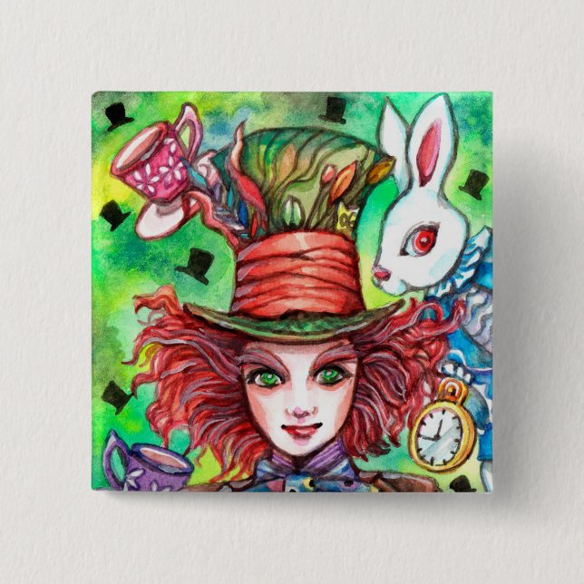 Badge Carré 5 Cm Mad Hatter et Rabbit (Devant)
