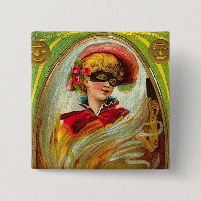 Badge Carré 5 Cm Madame masquée Halloween Greetings (Devant)