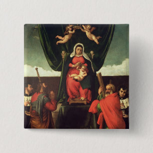 Badge Carré 5 Cm Madonna et enfant couronnés avec quatre saints,