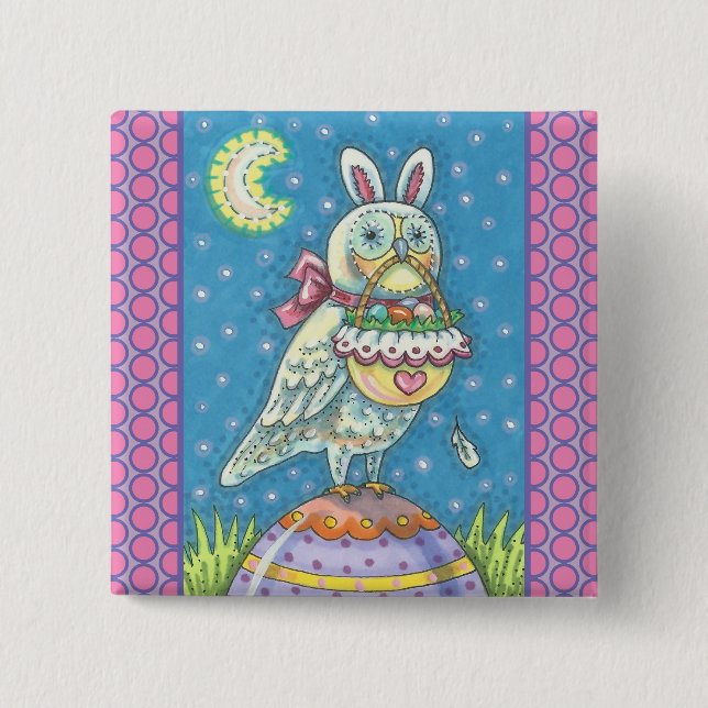 Badge Carré 5 Cm MAGIC BARN OWL & EASTER BASKET, HOLIDAY BUTTON Squ (Devant)