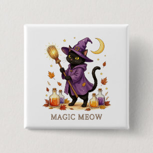Badge Carré 5 Cm Magic Meow - Chaton noir mignon sorcière avec Poti