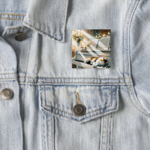Badge Carré 5 Cm Maison de Rêve au Piano Ensoleillé avec Chat Cotta