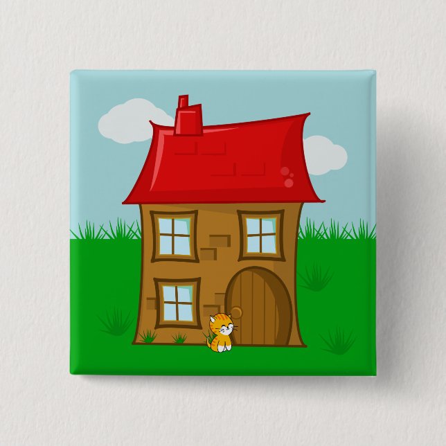 Badge Carré 5 Cm Maison en brique avec toit rouge et chat Ginger (Devant)