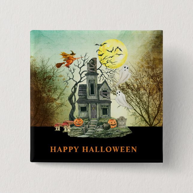 Badge Carré 5 Cm Maison hantée d'Halloween pour enfant éffrayant (Devant)
