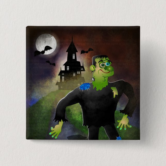 Badge Carré 5 Cm Maison hantée et monstre (Devant)
