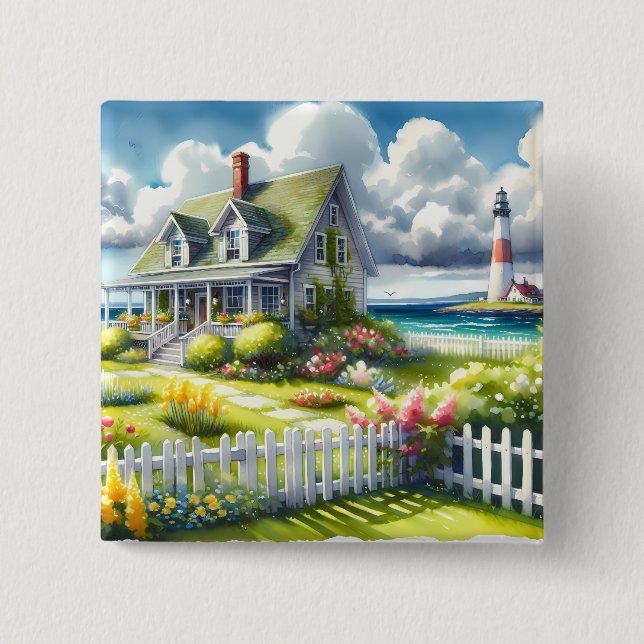 Badge Carré 5 Cm Maisonnette avec vue sur le phare (Devant)