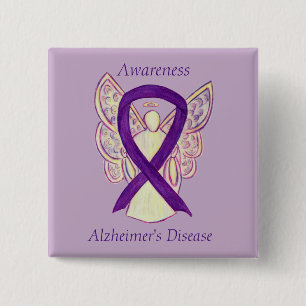 Badge Carré 5 Cm Maladie d'Alzheimer Pins d'Art Ange en Ruban Viole