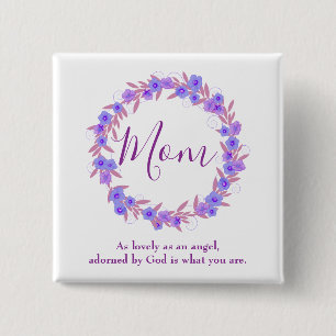 Badge Carré 5 Cm Maman courre florale violet blanc