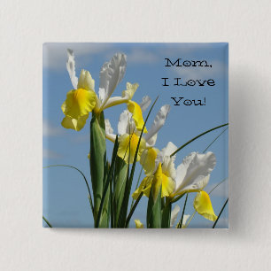 Badge Carré 5 Cm Maman je t'aime! boutons Ciel Bleu Iris Jaunes