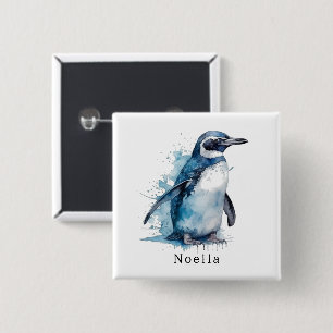 Badge Carré 5 Cm Manchot aquarelle azur arctique, personnalisé