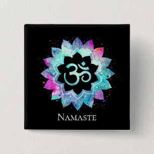 Badge Carré 5 Cm Mandala d'aquarelle de symbole d'OM AUM de fleur