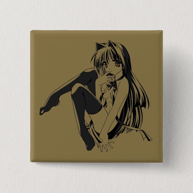 Badge Carré 5 Cm Manga, Neko Catgirl Furry Anime Loli Slave (Devant)