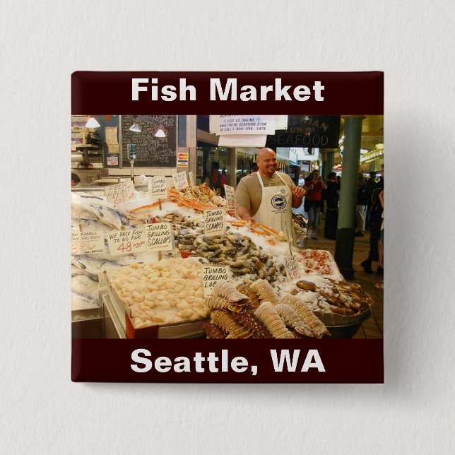 Badge Carré 5 Cm Marché aux poissons Seattle Washington (Devant)