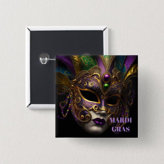 Badge Carré 5 Cm Mardi Gras (Devant & derrière)