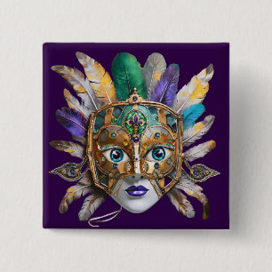 Badge Carré 5 Cm Mardi Gras Météo et Masque Métal