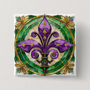Badge Carré 5 Cm Mardi Gras Vitrail Fleur di lis