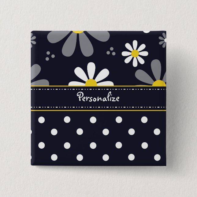 Badge Carré 5 Cm Marguerites Girly et pois de mod avec le nom (Devant)