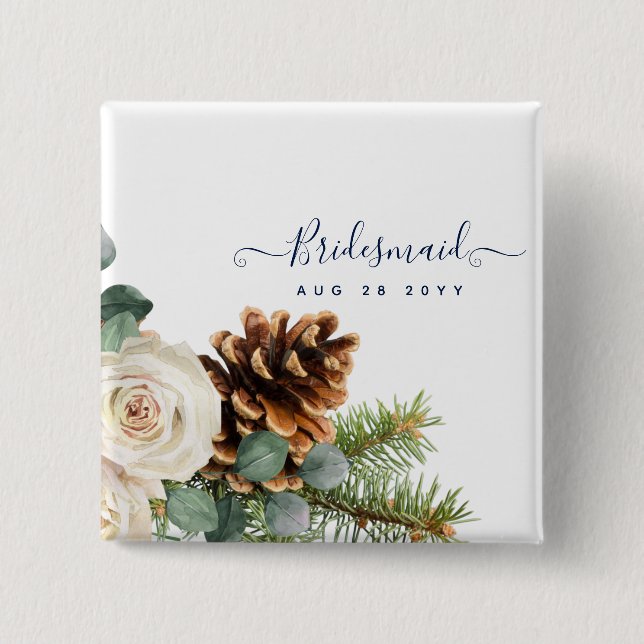 Badge Carré 5 Cm Mariage d'hiver Eucalyptus Verdure Roses blanches (Devant)