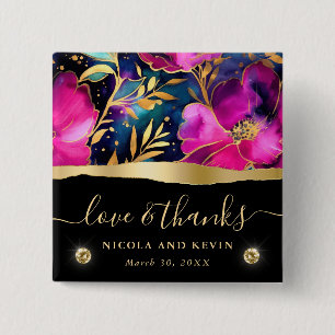 Badge Carré 5 Cm Mariage Fleurs Violet et Sarcelle Aquarelle