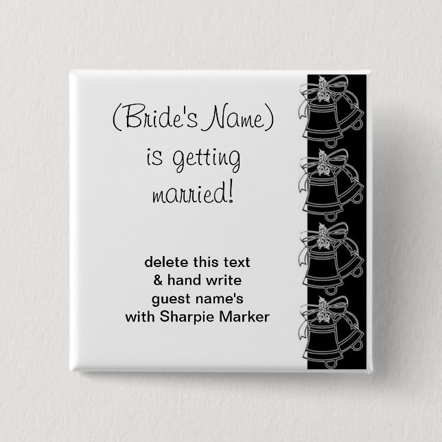 Badge Carré 5 Cm Mariage noir blanc cloches Fête des mariées nom pa (Devant)