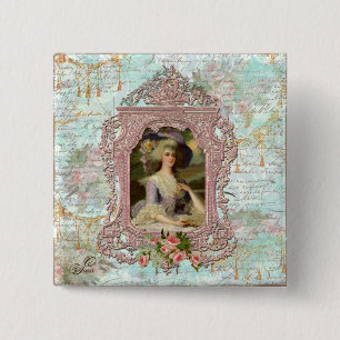 Badge Carré 5 Cm Marie Antoinette dans un cadre rose