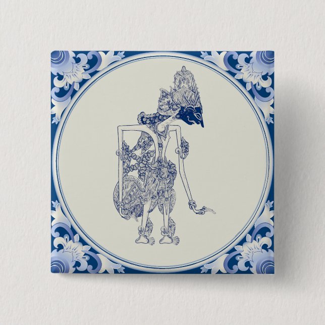 Badge Carré 5 Cm Marionnette hollandaise-indonésienne Delft Blauw. (Devant)
