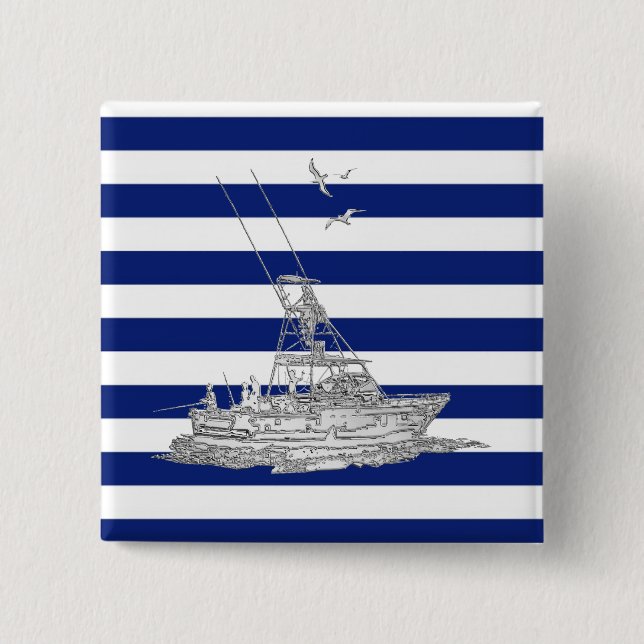 Badge Carré 5 Cm Marlin Fishing Chrome on Navy Stripes (Devant)