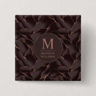 Badge Carré 5 Cm Marron Chocolat & Or Rose Motif Vague Abstrait