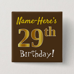 Badge Carré 5 Cm Marron, Faux Or 29e Anniversaire, Avec Nom Personn