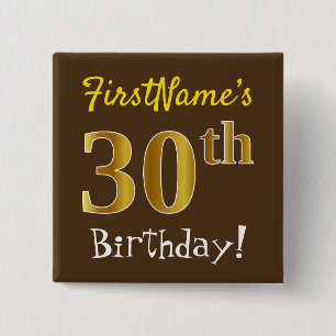 Badge Carré 5 Cm Marron, Faux Or 30e Anniversaire, Avec Nom Personn
