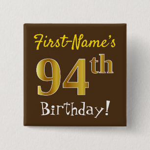 Badge Carré 5 Cm Marron, Faux Or 94e Anniversaire, Avec Nom Personn