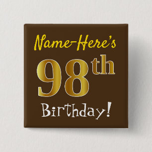 Badge Carré 5 Cm Marron, Faux Or 98e Anniversaire, Avec Nom Personn