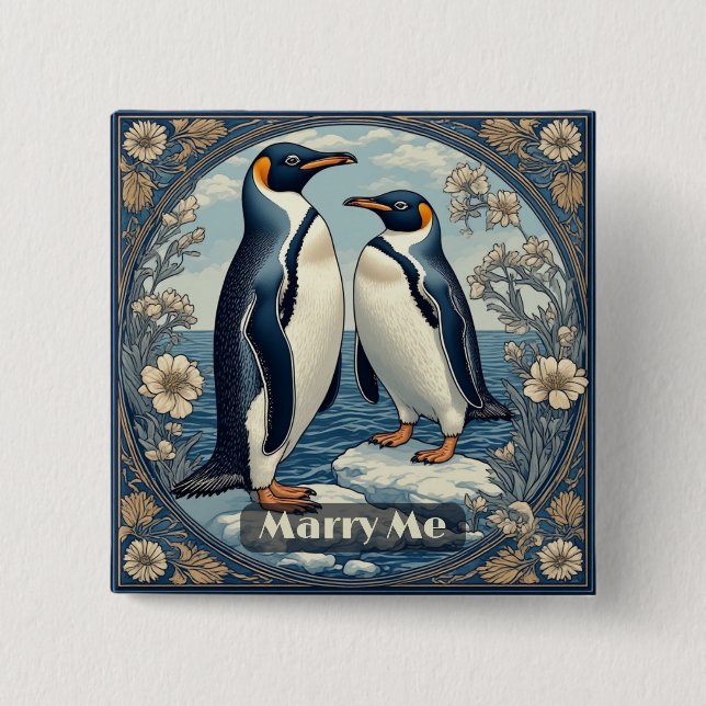 Badge Carré 5 Cm Marry Me Penguin Ice Bird Snow Glacier Winter Lake (Devant)