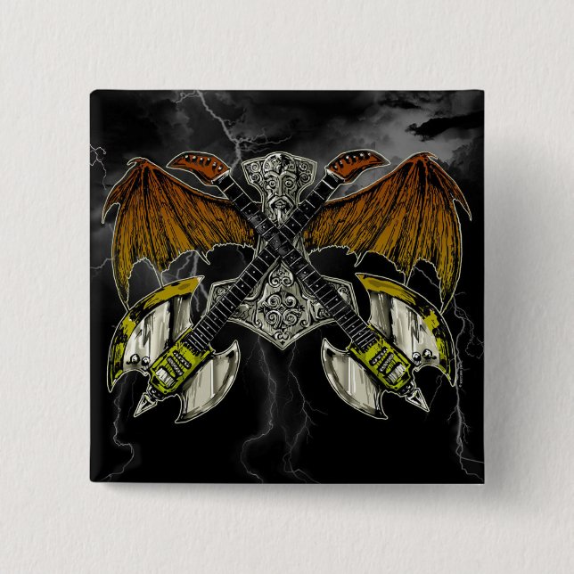 Badge Carré 5 Cm Marteau de Thor des guitares de dieux (Devant)