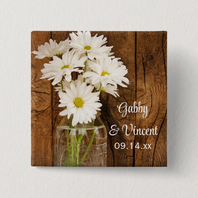 Badge Carré 5 Cm Mason Jar et White Daisies Country Barn Mariage (Devant)