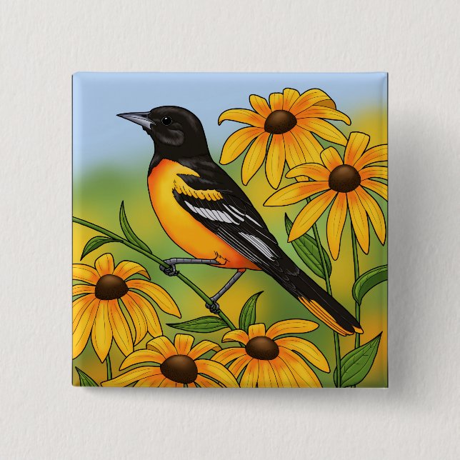 Badge Carré 5 Cm MD State Bird Oriole & Black eyed Susan Flower (Devant)