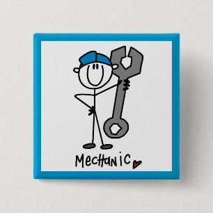Badge Carré 5 Cm Mécanicien avec personnage bâton de clé anglaise