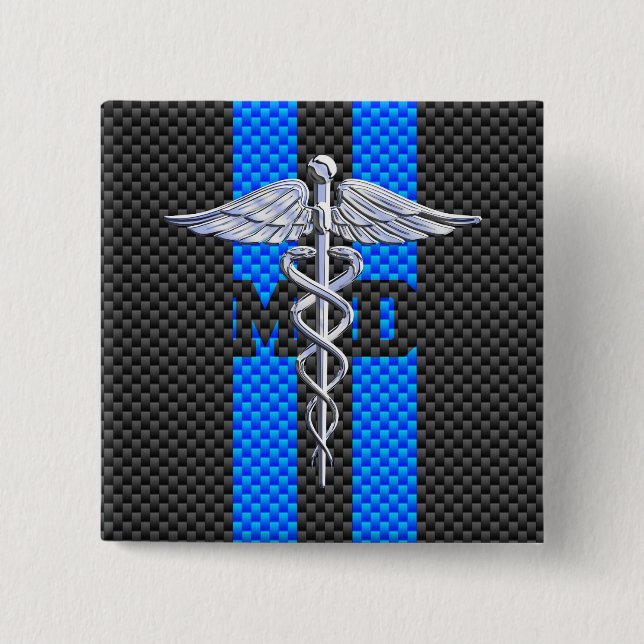 Badge Carré 5 Cm Médecin Médicale MD Caduceus Fibres de carbone ray (Devant)