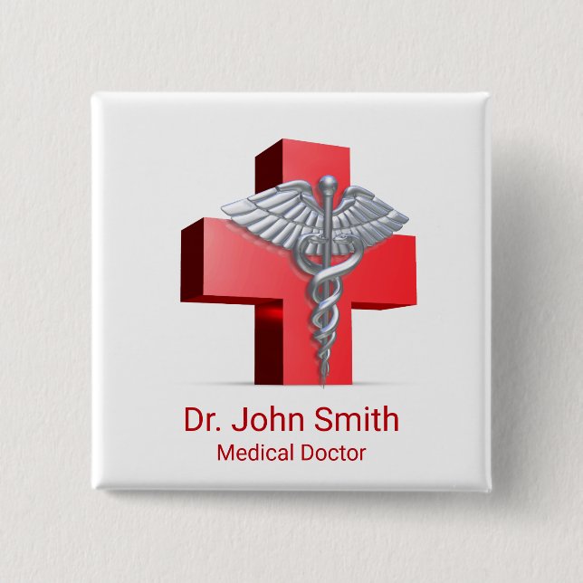 Badge Carré 5 Cm Médicale 3D Caduceus Croix Rouge Argent (Devant)