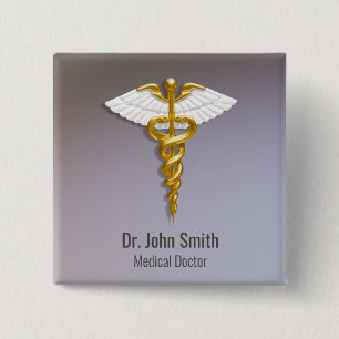 Badge Carré 5 Cm Médicale Elegant Gold Caduceus ailes blanches