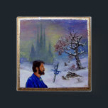 BADGE CARRÉ 5 CM MEDITATION OF A KNIGHT<br><div class="desc">A dragon under the snow . Surreal and symbolist miniature oil painting on wood 2007 by Alessandro Lumini in Blue white , grey brown colors.</div>