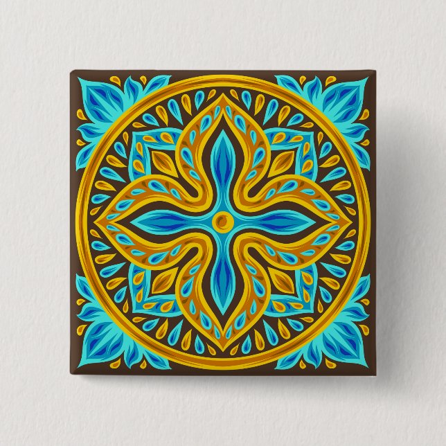 Badge Carré 5 Cm Mediterranean Moroccan Tile Pattern Blue and Gold (Devant)