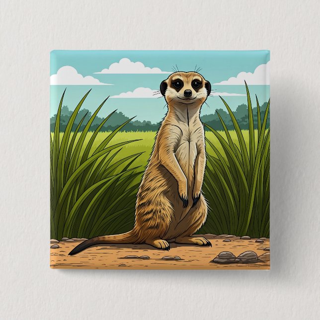 Badge Carré 5 Cm Meerkat standing alert in a field of grass (Devant)