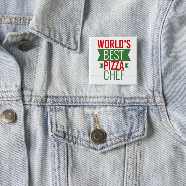 Badge Carré 5 Cm Meilleur chef    de pizza du monde : vert blanc ro (En situation)
