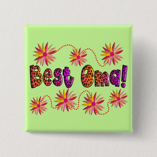 BADGE CARRÉ 5 CM MEILLEURS FLEURS ORANGES ROSE OMA (Devant)